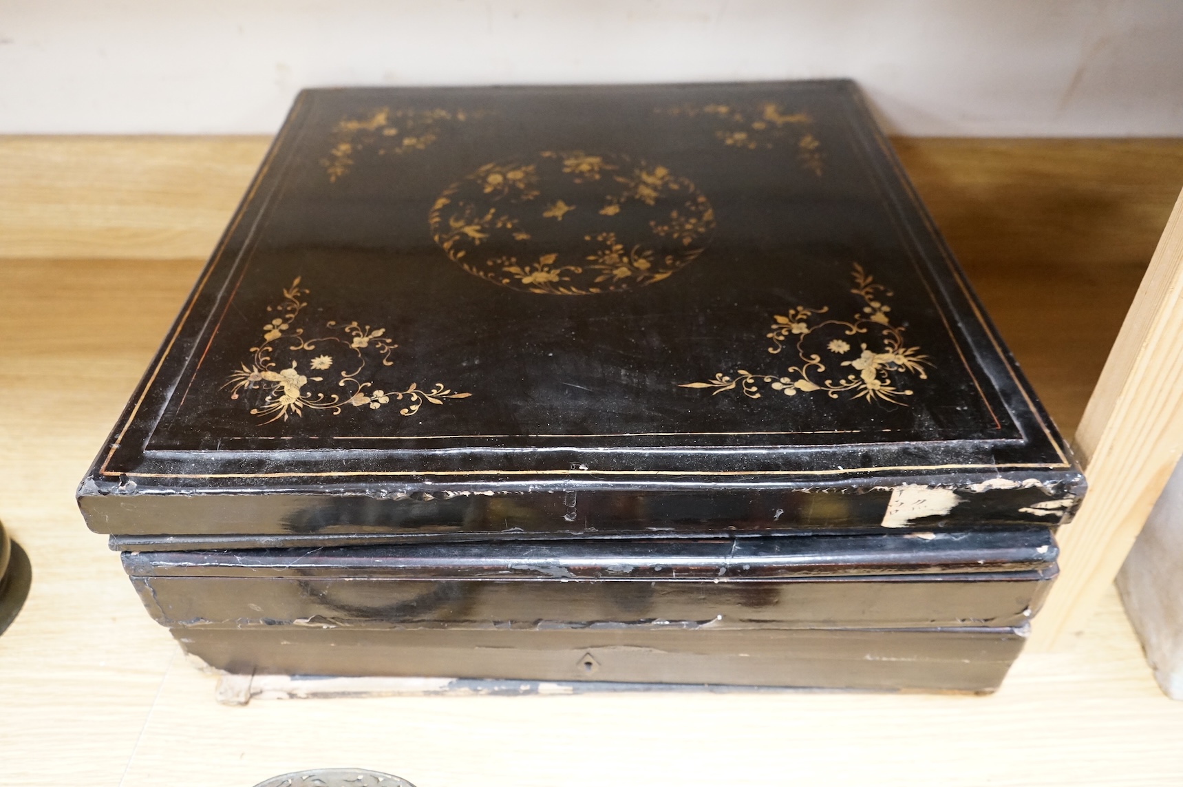 Three 19th-century Chinese gilt black lacquer gilt decorated, square boxes, 48cm x 49cm